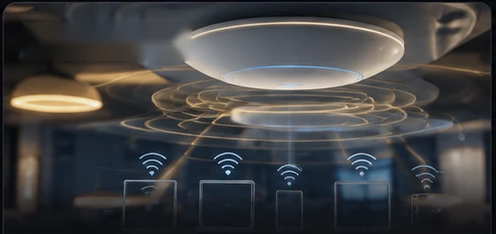 企業級 Wi-Fi AP 透過無線訊號連接手機、筆電等終端裝置的示意圖